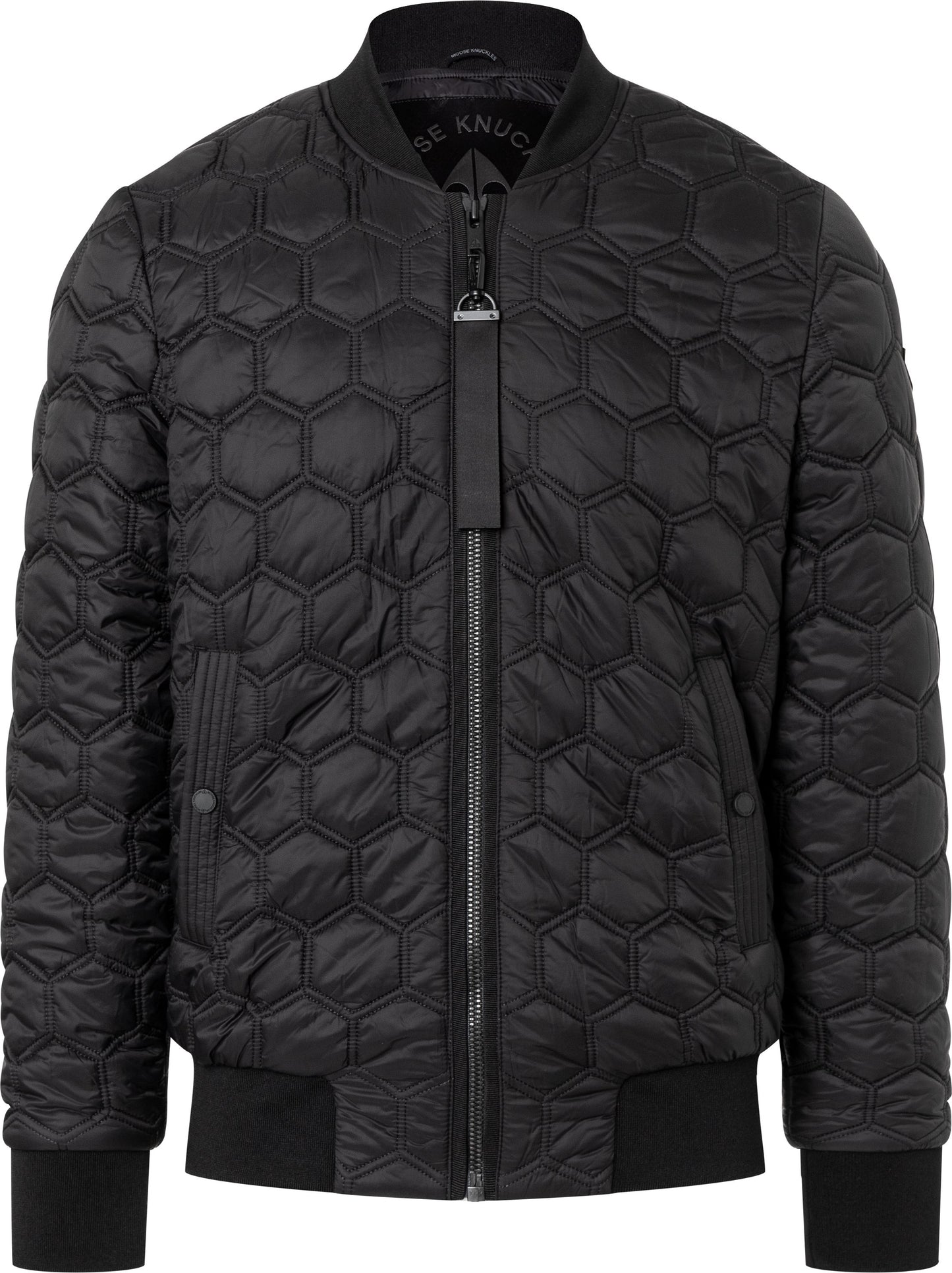 Black quilted bomber jacket with geometric pattern and center zipper.