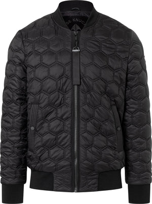 Black quilted bomber jacket with geometric pattern and center zipper.