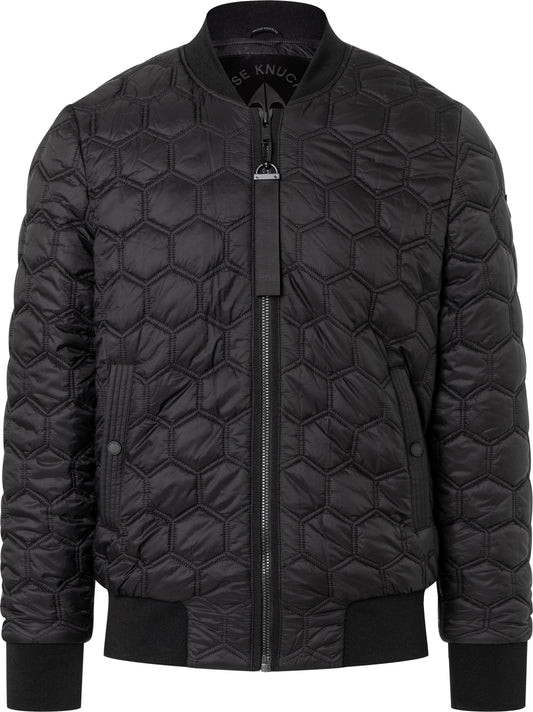 Black quilted bomber jacket with geometric pattern and center zipper.