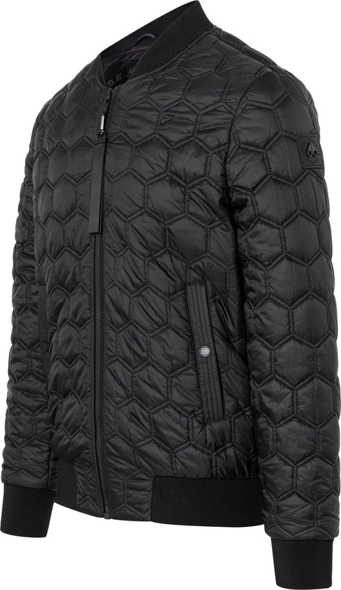 Black quilted bomber jacket with honeycomb pattern, zip closure, and ribbed cuffs and hem.