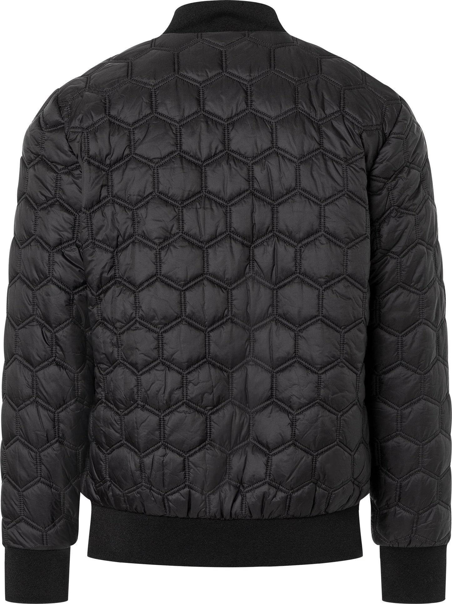 Black quilted bomber jacket with a honeycomb pattern and ribbed cuffs.