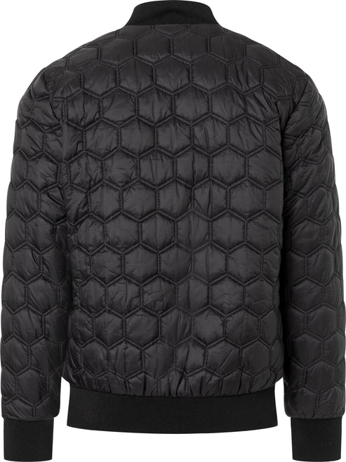 Black quilted bomber jacket with a honeycomb pattern and ribbed cuffs.