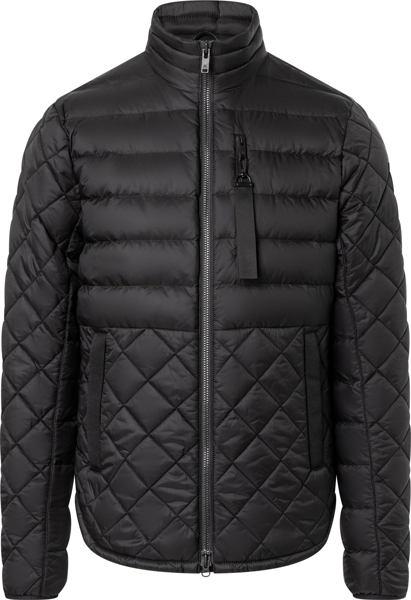 Black quilted down jacket with front zipper.