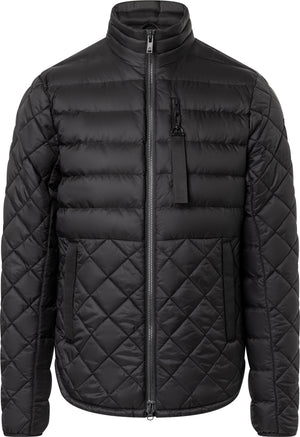 Black quilted down jacket with front zipper.