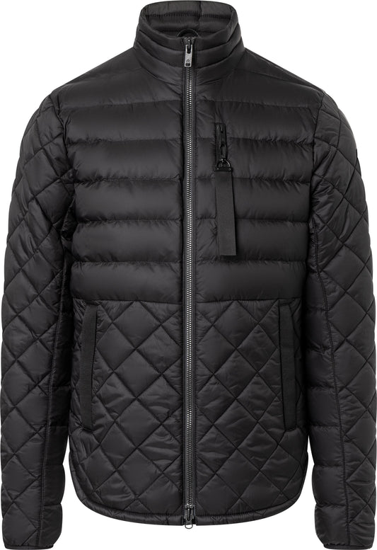 Black quilted down jacket with front zipper.