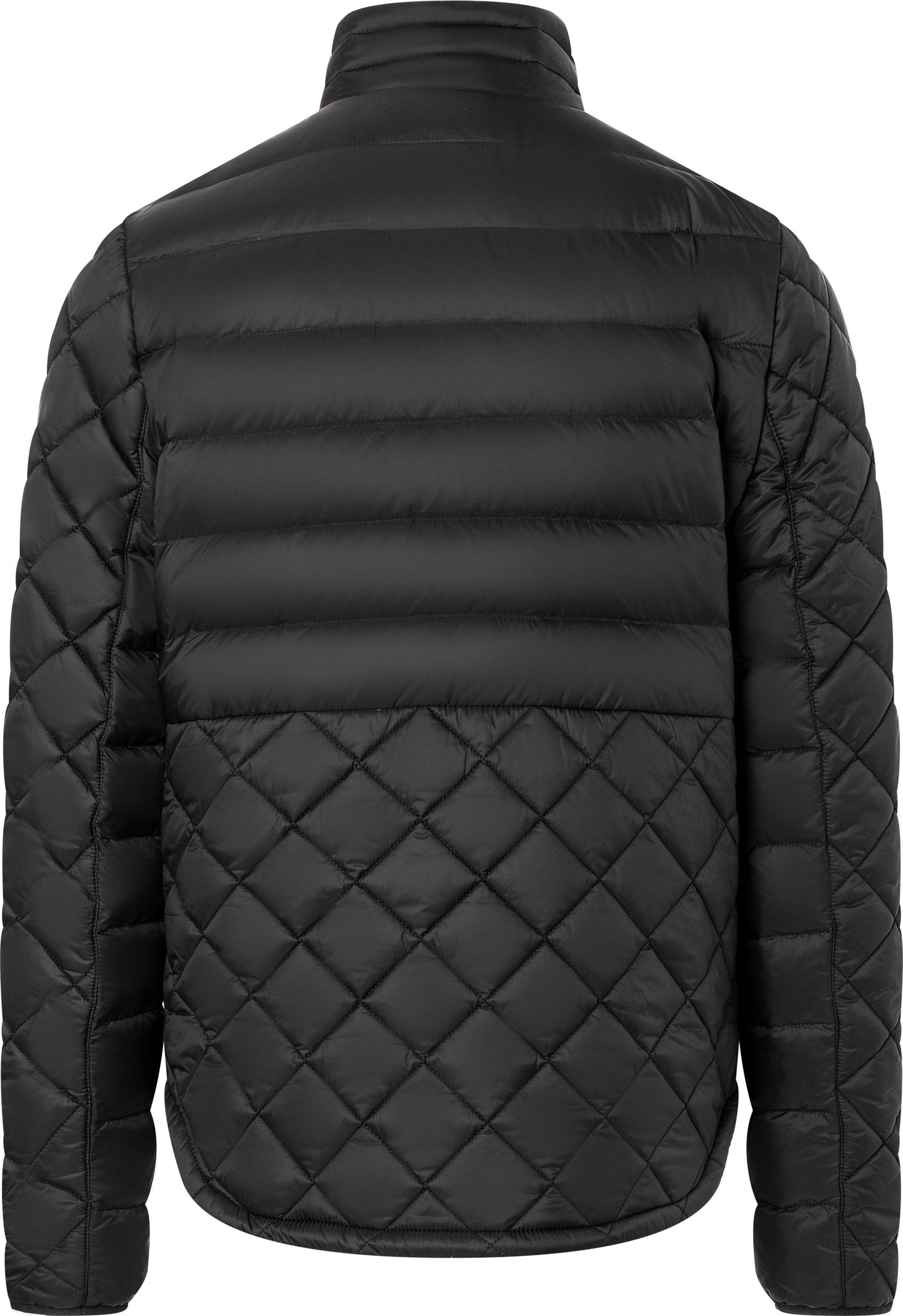 Black quilted puffer jacket, back view.