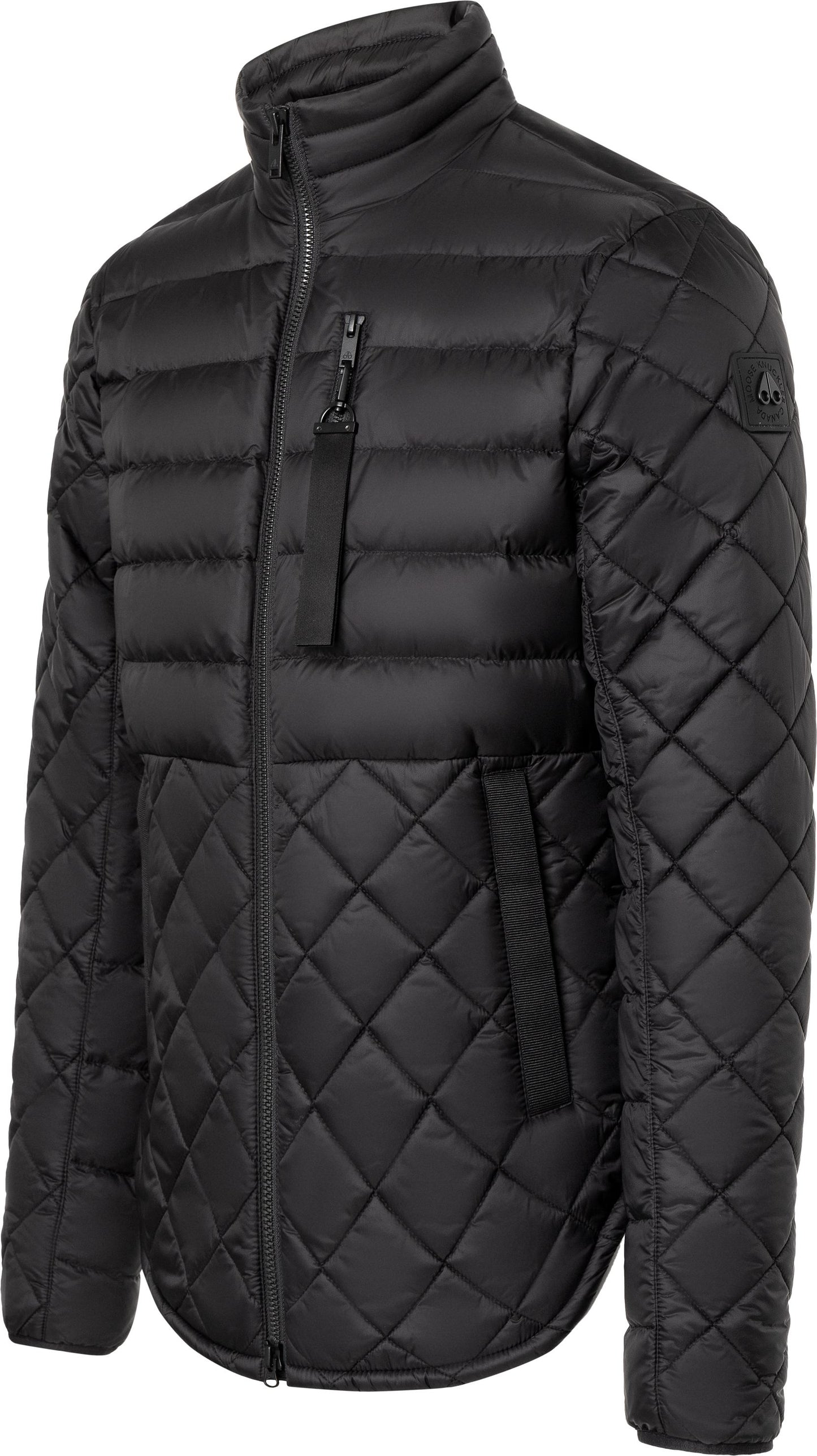 Black quilted puffer jacket with zip closure and chest pocket.