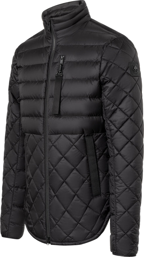 Black quilted puffer jacket with zip closure and chest pocket.