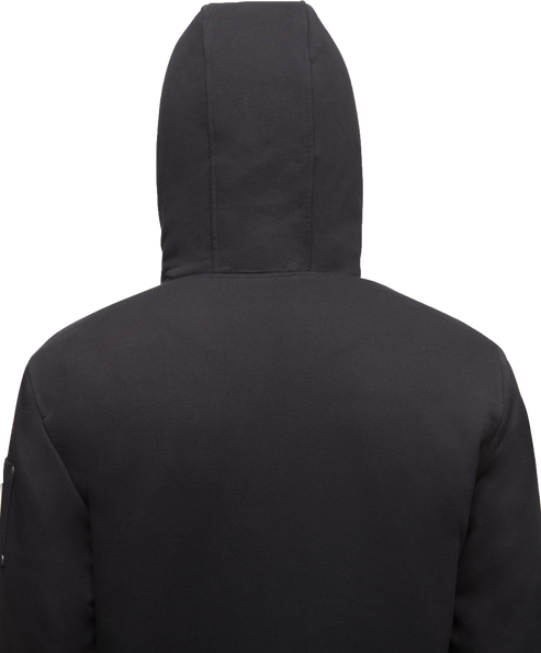 Back view of a black hooded jacket.