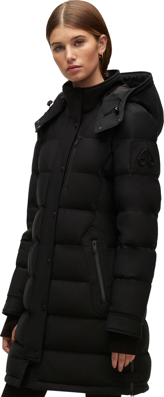 A woman in a black, long puffer coat with a hood.