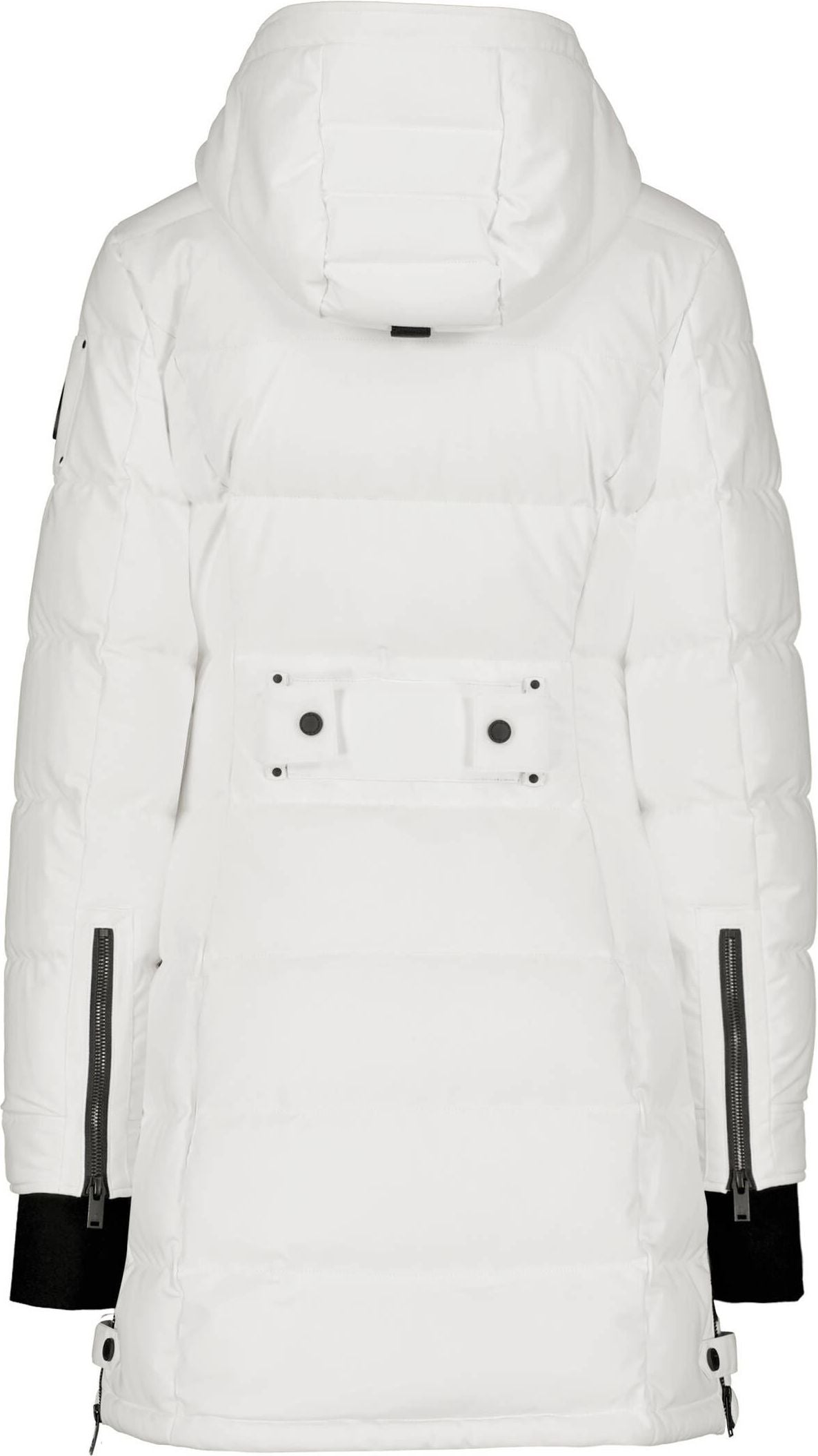Back view of a white, hooded winter coat with black zipper details.