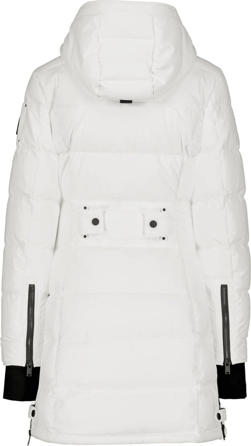 Back view of a white, hooded winter coat with black zipper details.
