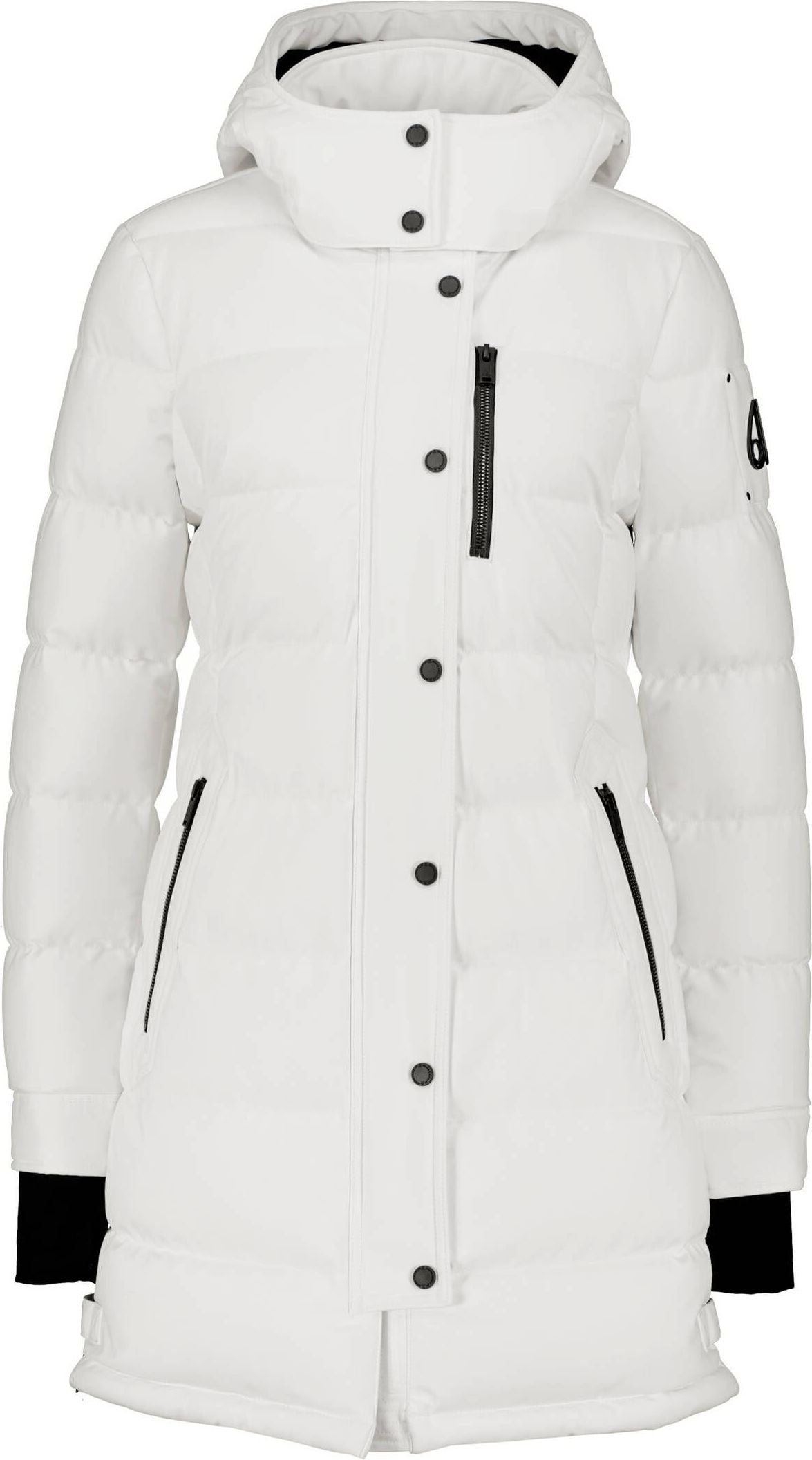 White quilted knee-length coat with a hood, black accents, and snap button closure.