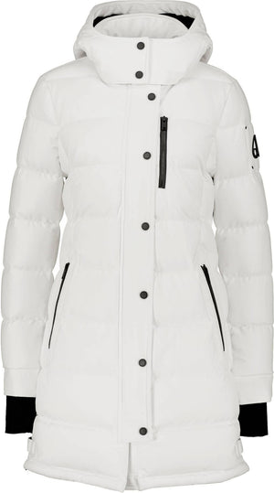 White quilted knee-length coat with a hood, black accents, and snap button closure.