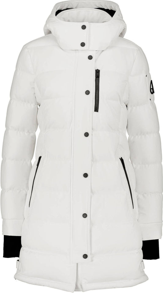 White quilted knee-length coat with a hood, black accents, and snap button closure.