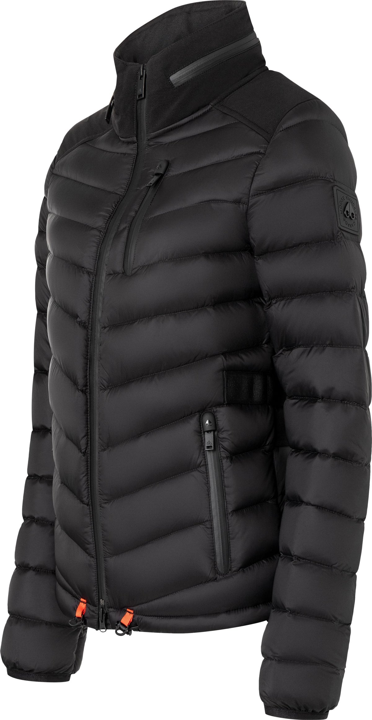 Black quilted puffer jacket with zipper pockets and high collar.