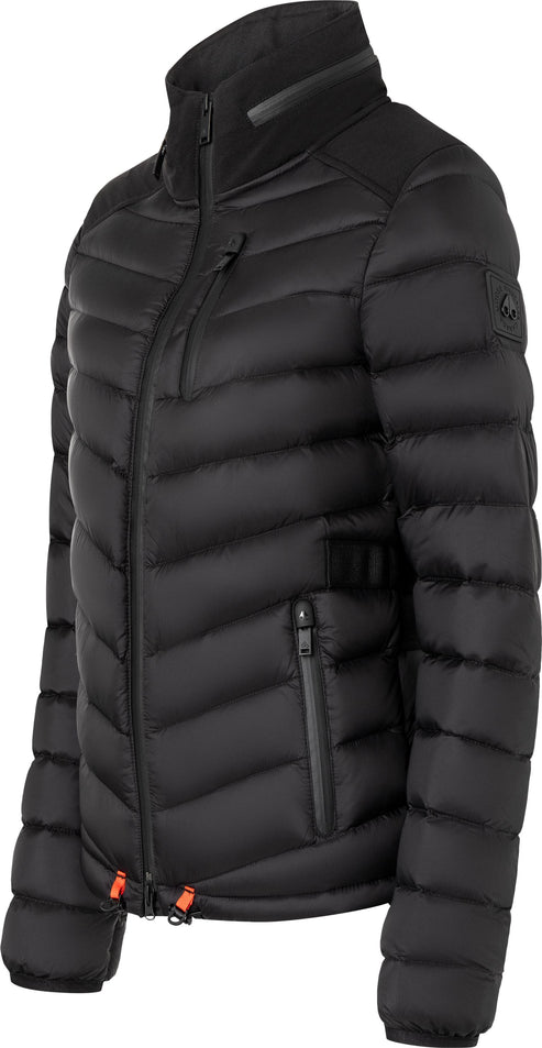 Black quilted puffer jacket with zipper pockets and high collar.