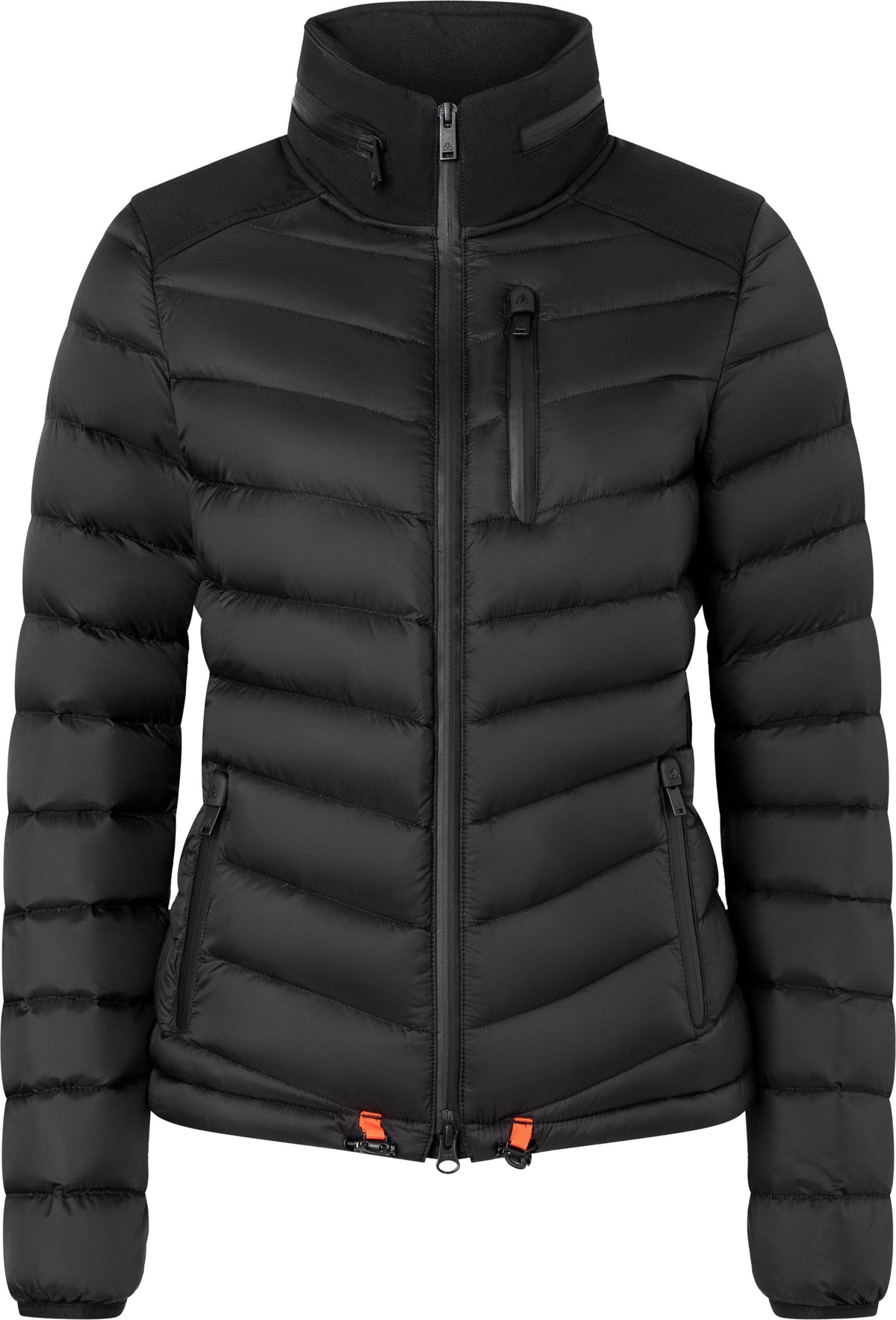 Black, quilted, full-zip puffer jacket with high collar and vertical zip breast pocket.