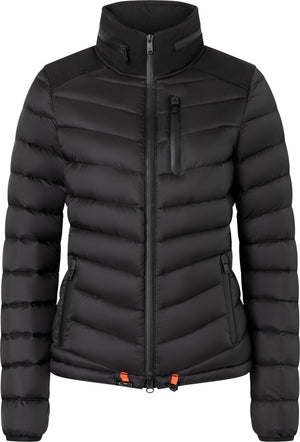 Black, quilted, full-zip puffer jacket with high collar and vertical zip breast pocket.