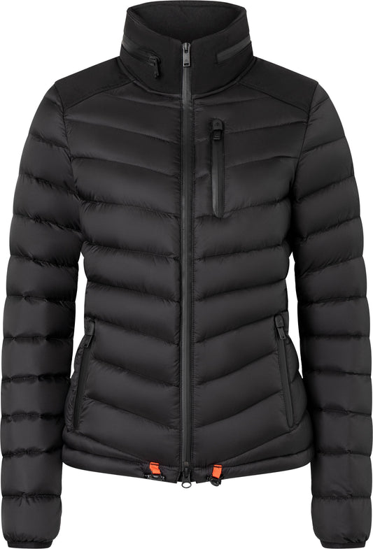 Black, quilted, full-zip puffer jacket with high collar and vertical zip breast pocket.