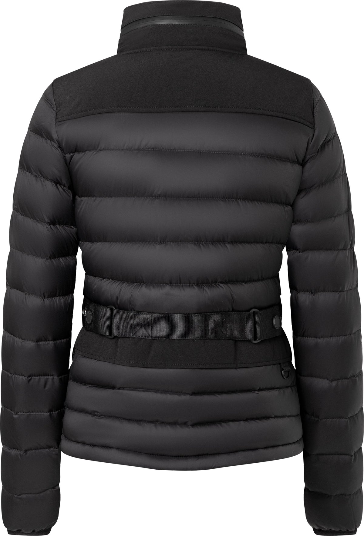 Back view of a black, puffer-style jacket with a stand-up collar and a belted waist.