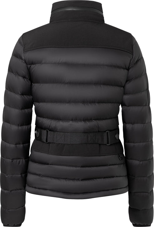 Back view of a black, puffer-style jacket with a stand-up collar and a belted waist.