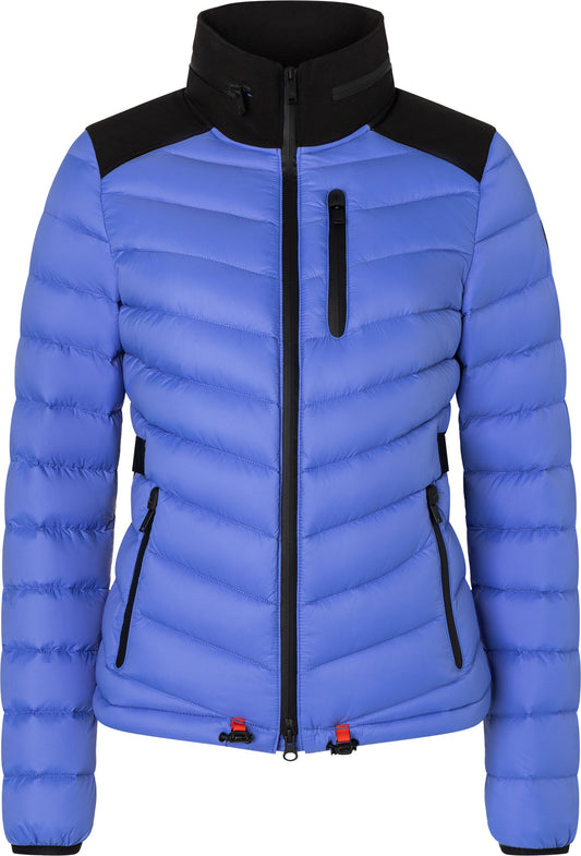 Blue puffer jacket with black collar and shoulder panels, zippered front and pockets.