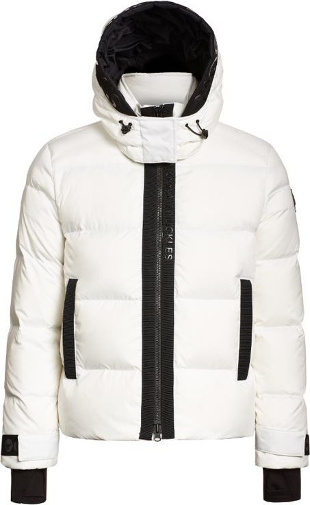 White puffer jacket with hood, black accents at zipper, wrist and pocket areas.