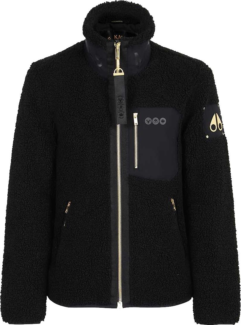 Black sherpa jacket with gold zipper and chest pocket.