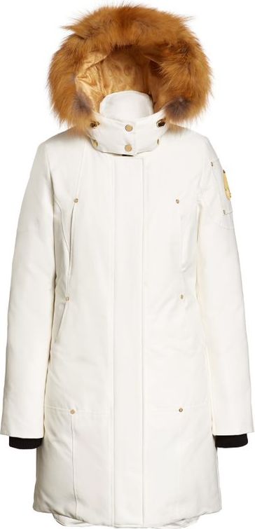 White parka coat with fur-trimmed hood.