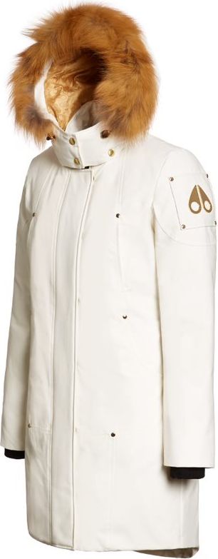 A white parka with a fur-trimmed hood.