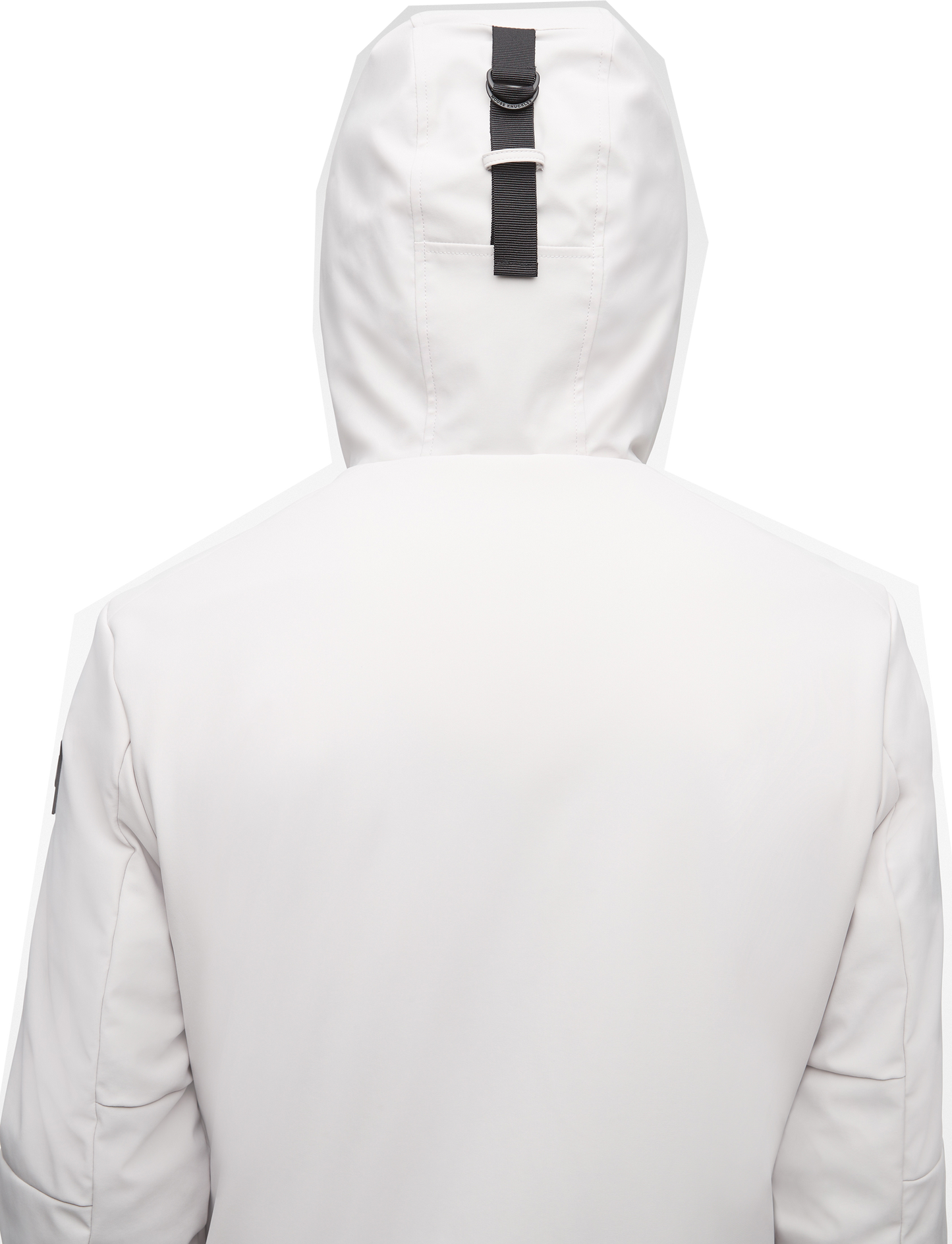 Back view of a hooded, light gray jacket.
