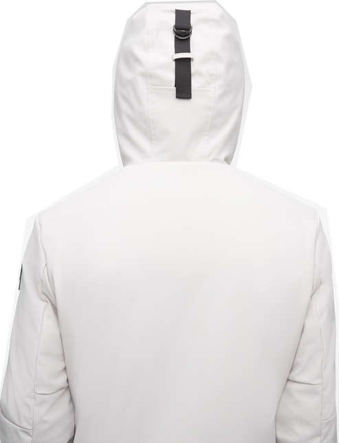 Back view of a hooded, light gray jacket.