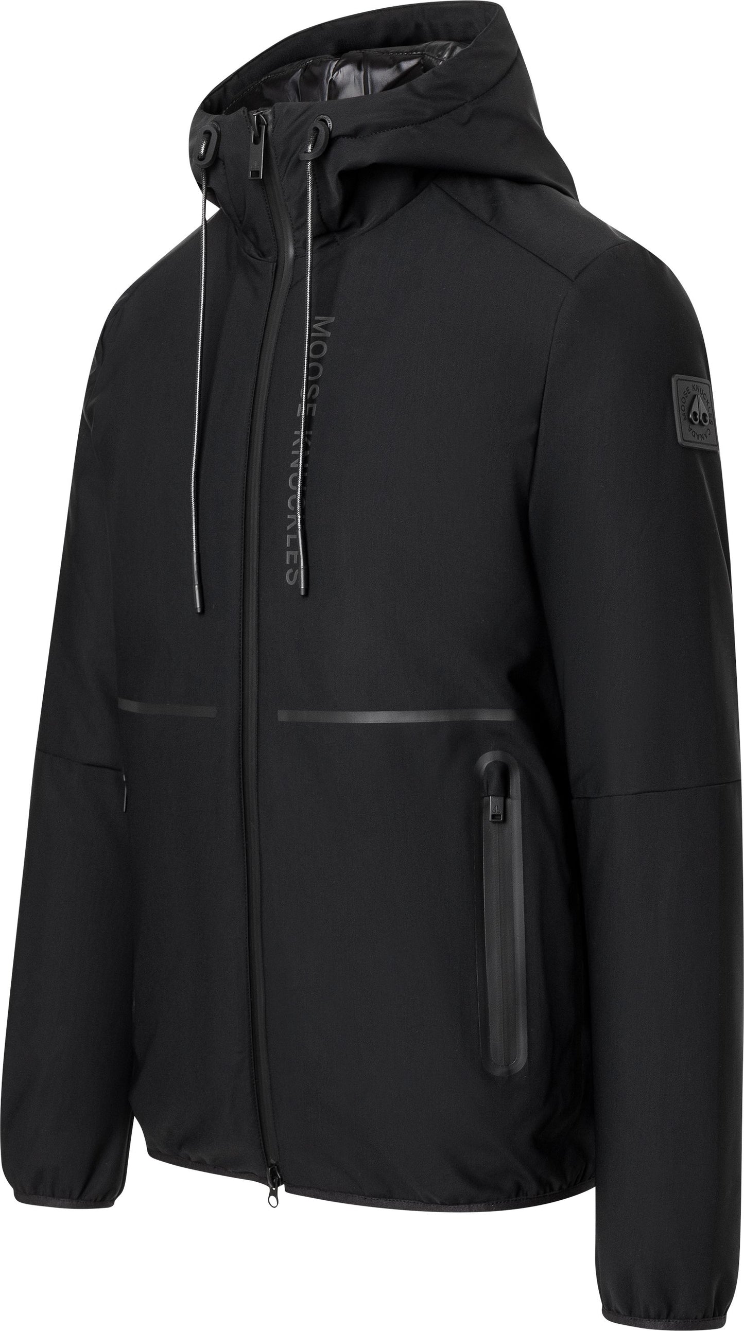Black hooded rain jacket with zipper, pockets, and adjustable drawstrings.