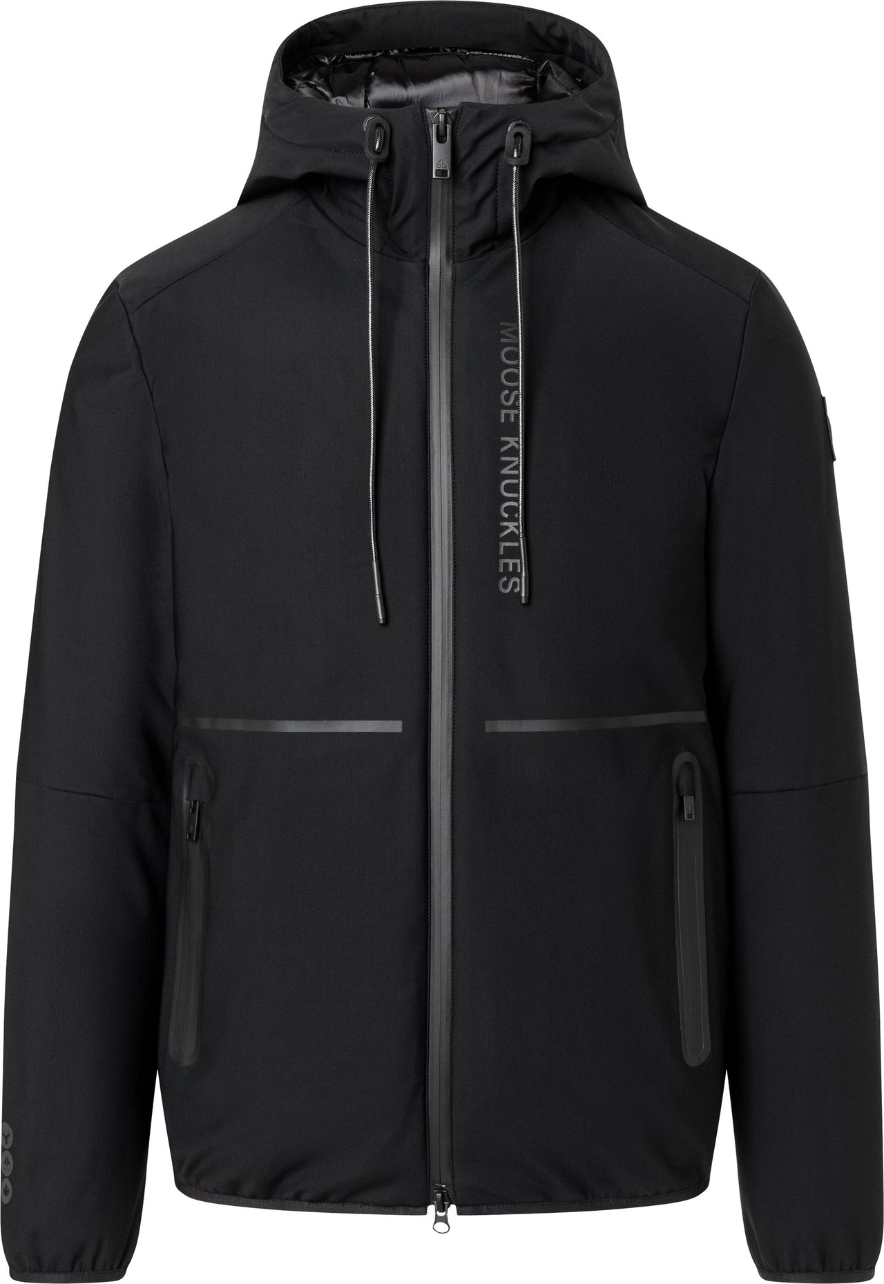 Black hooded jacket with a full zipper, two pockets, and the text "MOOSE KNUCKLES" vertically near the zipper.
