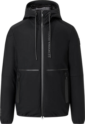 Black hooded jacket with a full zipper, two pockets, and the text "MOOSE KNUCKLES" vertically near the zipper.