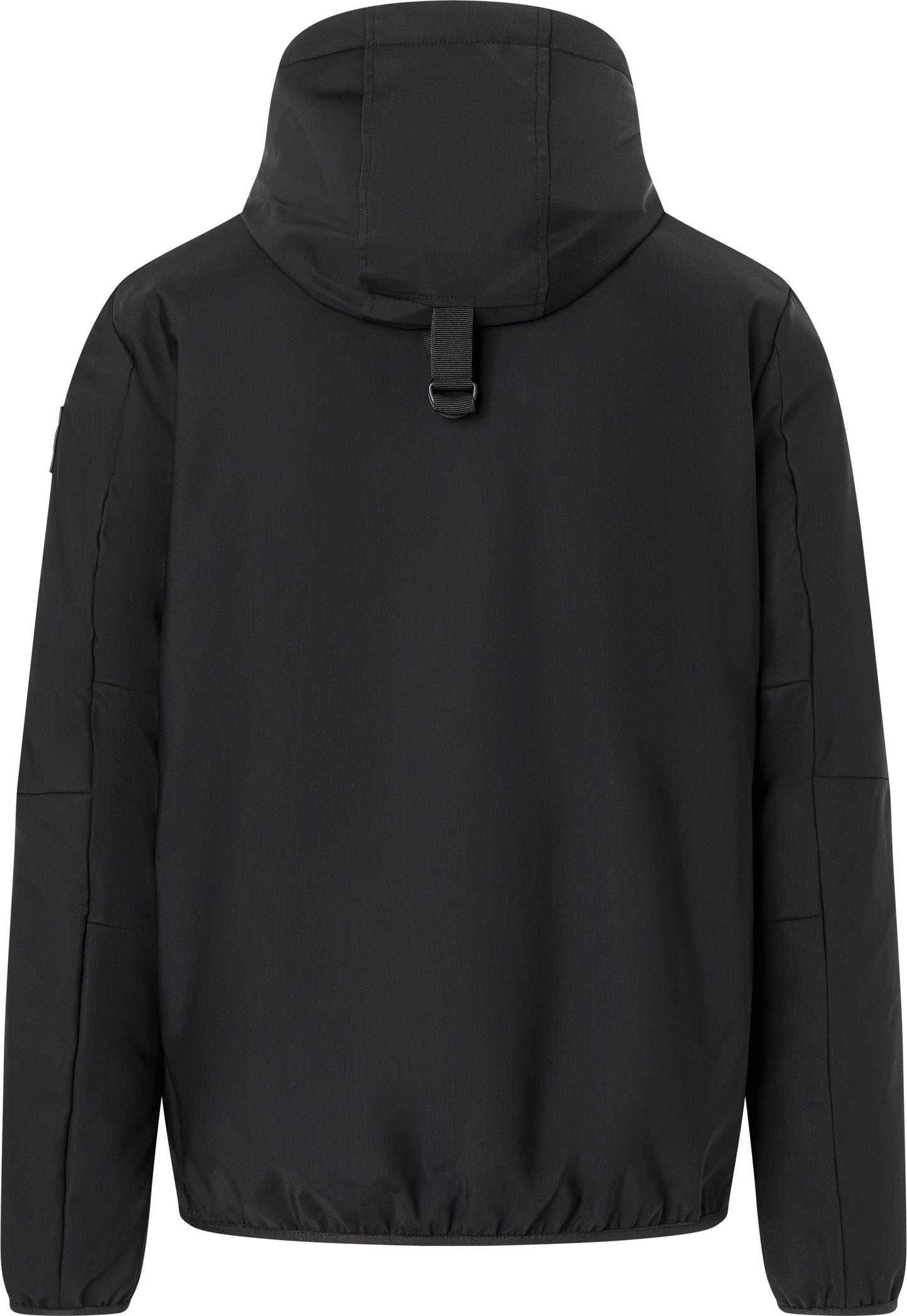 Black hooded jacket, rear view.