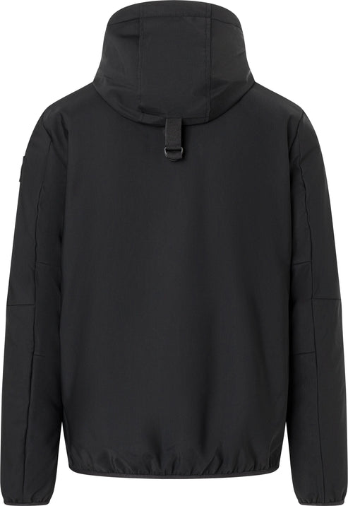 Black hooded jacket, rear view.