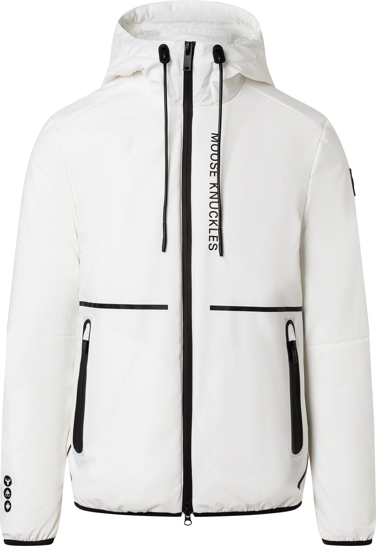 White hooded jacket with black trim and zipper and the text MOOSE KNUCKLES on the upper right.