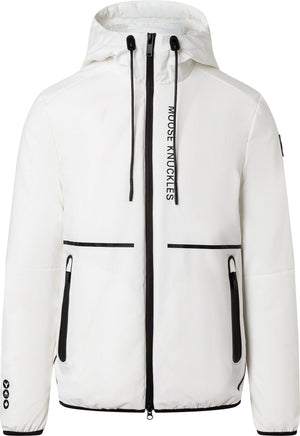 White hooded jacket with black trim and zipper and the text MOOSE KNUCKLES on the upper right.