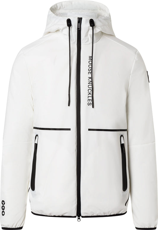 White hooded jacket with black trim and zipper and the text MOOSE KNUCKLES on the upper right.