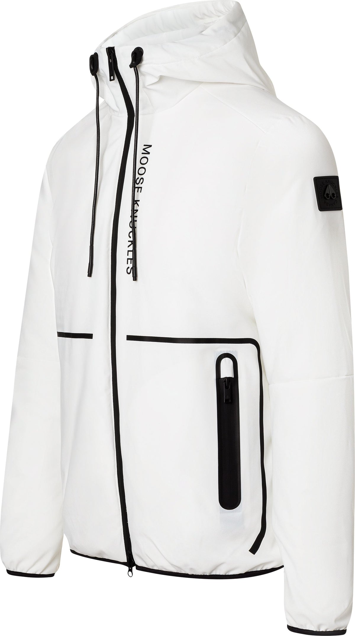 White hooded jacket with black accents and black "MOOSE KNUCKLES" text on the chest.