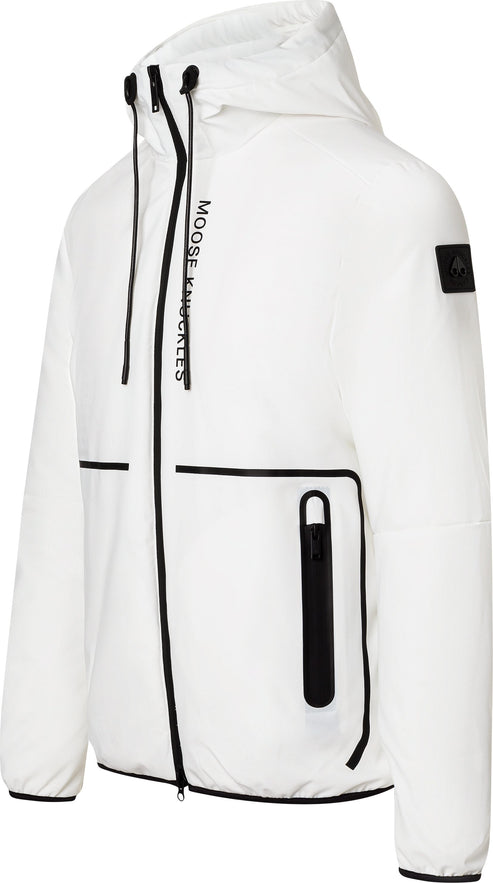 White hooded jacket with black accents and black "MOOSE KNUCKLES" text on the chest.