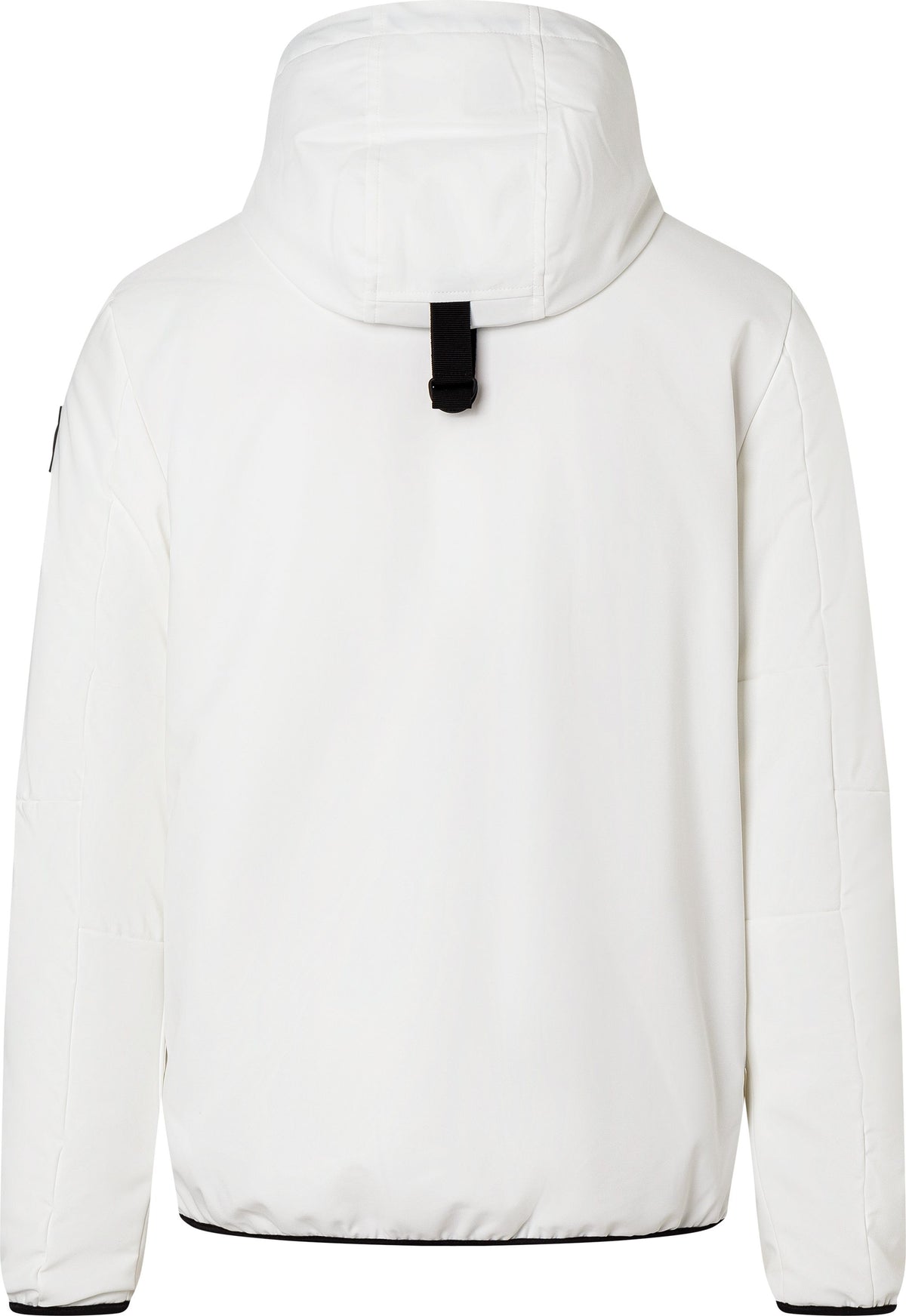 Back view of a white hooded jacket with a black adjustment tab on the hood.