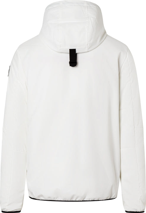 Back view of a white hooded jacket with a black adjustment tab on the hood.
