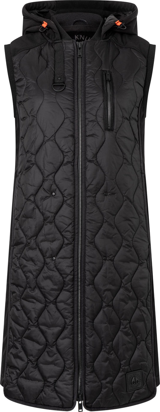 A sleeveless, black, quilted, hooded vest with a front zipper.