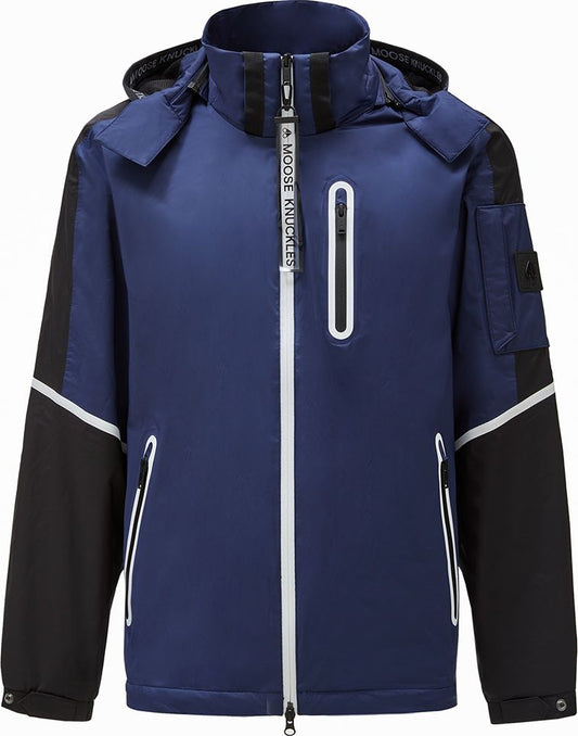 Blue, black, and white hooded jacket with a front zipper.