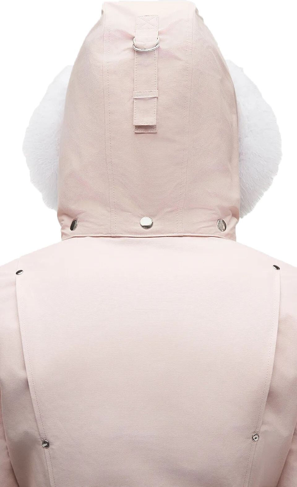 Back view of a pink jacket with a hood and white fur trim around the ears.