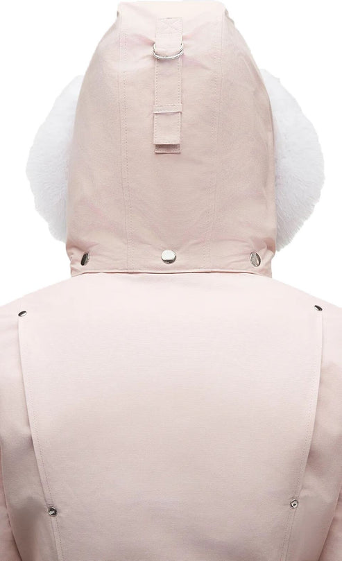 Back view of a pink jacket with a hood and white fur trim around the ears.