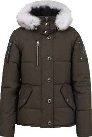 Olive green puffer jacket with a white fur-trimmed hood.